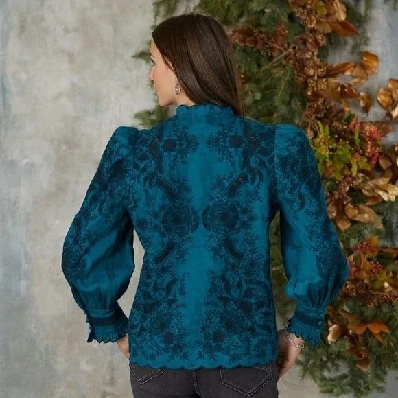 Sundance Rosetti Lace Teal Embroidered Womens L Button Up Top Victorian Romantic - Picture 3 of 13